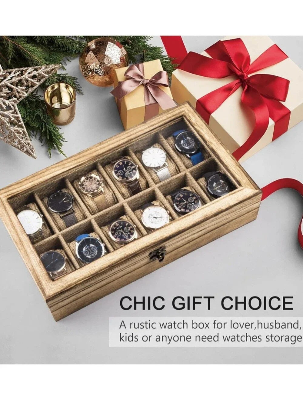 Wooden Glass-Top Watch Storage Box - 12 Slot - Natural Brown